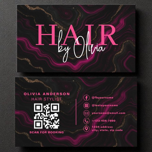 QR-Code-Haarstylle Schwarz-Hot-Pink-Marmor Visitenkarte (Von Creator hochgeladen)