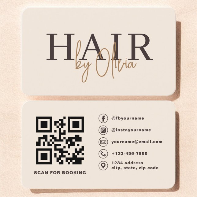 QR Code Hair Stylist Beige Neutral Typography  Visitenkarte (Von Creator hochgeladen)