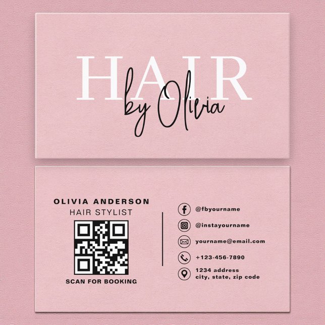 QR Code Hair Stylist Pink Suede Typography  Visitenkarte (Von Creator hochgeladen)