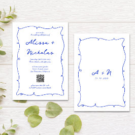 QR Code Hand Drawn Bright Blue Monogram Wedding Einladung