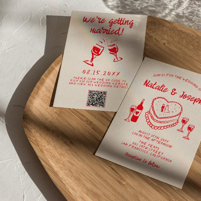 QR Code Hand Drawn Red Quirky Cake Wedding Einladung (Von Creator hochgeladen)