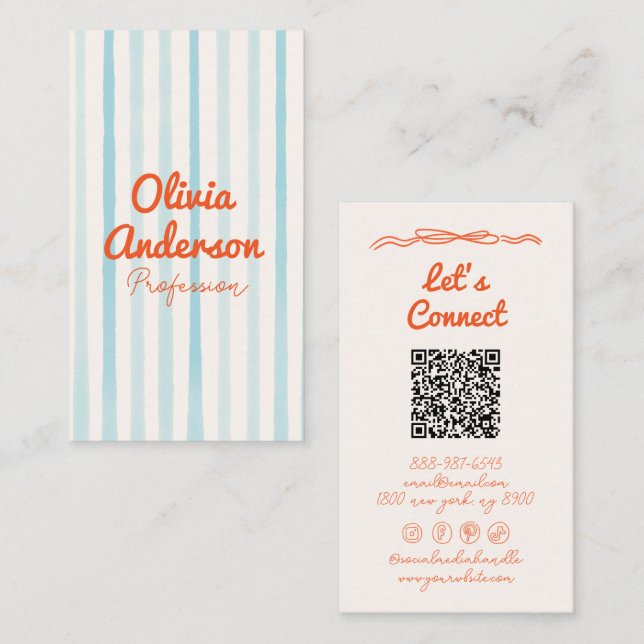 QR Code Hand Drawn WritBlue Orange Whimsy Boho Visitenkarte (Vorne/Hinten)
