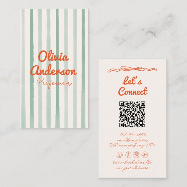 QR Code Hand Drawn Writed Green Orange Boho Fun Visitenkarte (Vorne/Hinten)