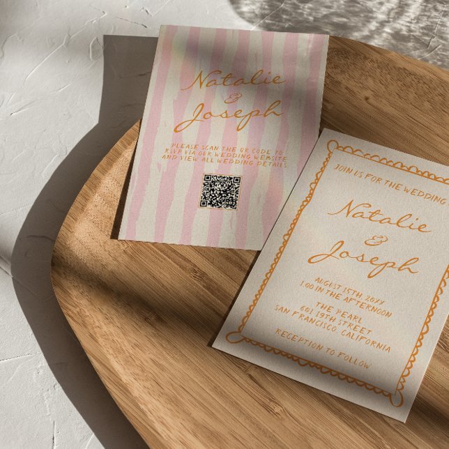 QR Code Handgeschriebene Pinstripes Whimsical Wedd Einladung (Von Creator hochgeladen)