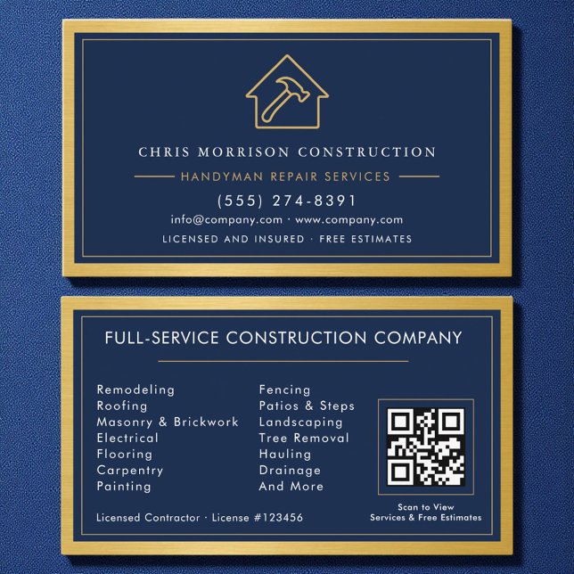 QR-Code-Handwerker Navyblau Gold Metall Visitenkarte (Von Creator hochgeladen)