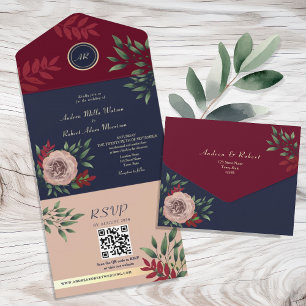 QR-Code Herbst Burgunderblau Hochzeit All In One Einladung