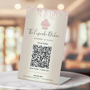 QR-Code Hier Zahlen Rosa Cupcake Glitter Gold Bäck Sockelschild