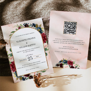 QR-Code-Hochzeit des burgundy Navy-Floral-Arch-Fra Einladung