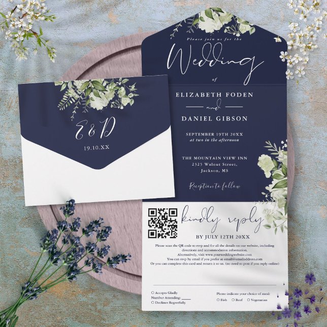 QR-Code Hochzeit für Blaugrün-Monogramm All In One Einladung (Navy Blue Greenery Monogram QR Code Wedding All In One Invitation)