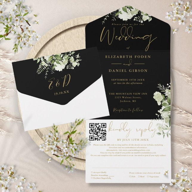 QR-Code-Hochzeit für Schwarz und Gold Greenery All In One Einladung (Black And Gold Greenery Monogram QR Code Wedding All In One Invitation)