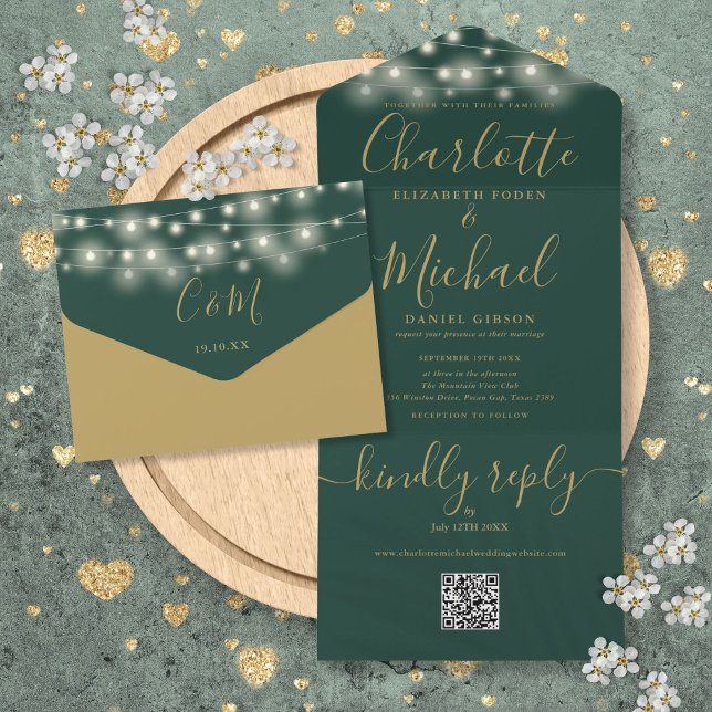 QR-Code-Hochzeit mit grünen und goldenen String-Li All In One Einladung (Green And Gold String Lights QR Code Wedding All In One Invitation)
