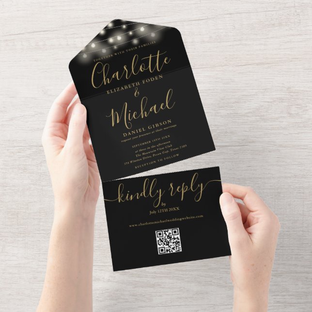 QR-Code-Hochzeit mit schwarzen und goldenen String All In One Einladung (Abreißen)