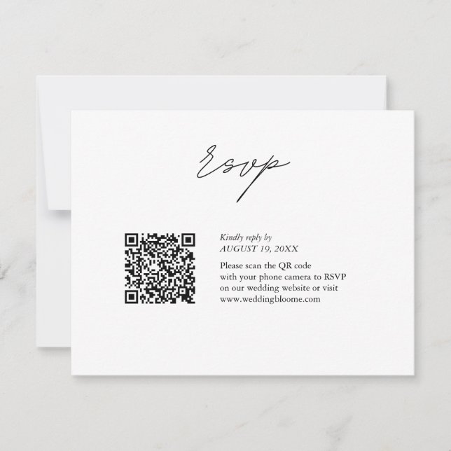 QR-Code-Hochzeit mit Schwarzweißskript RSVP Karte (Vorderseite)