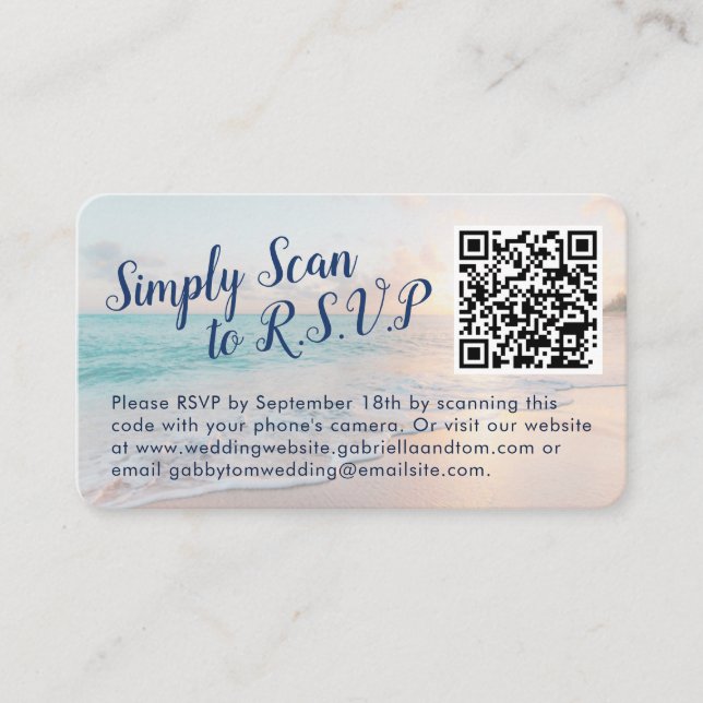 QR Code Hochzeit RSVP Beach Ziel Begleitkarte (Vorderseite)