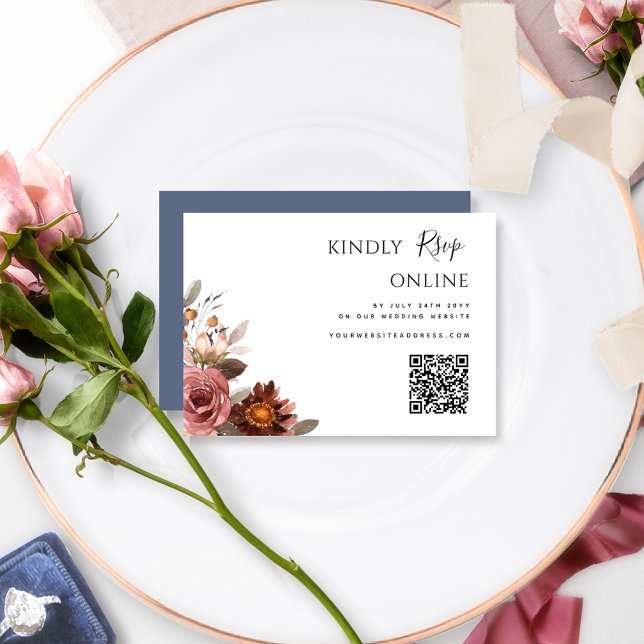 QR Code Hochzeit RSVP Online Burgundy und Blue Begleitkarte (Von Creator hochgeladen)