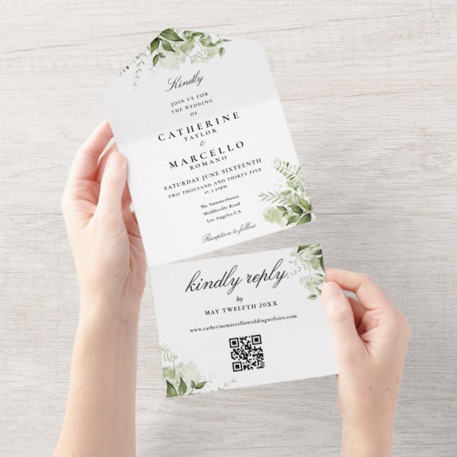 QR-Code Hochzeit von botanischem Blumengrün All In One Einladung (Abreißen)