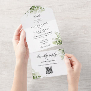 QR-Code Hochzeit von botanischem Blumengrün All In One Einladung