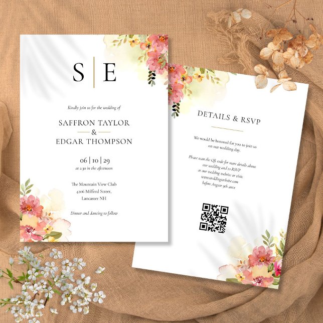 QR-Code-Hochzeitscodierung für Wasserfarben Einladung (Watercolor Floral Monogram QR Code Wedding Invitation)