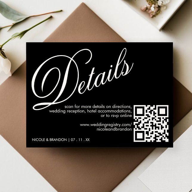QR Code Hochzeitsdetails in Schwarz und Weiß Begleitkarte (White & Black Elegant QR Code Wedding Detail Enclosure Card)