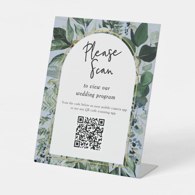 QR Code Hochzeitsprogramm Modernes botanisches Grü Sockelschild (Vorderseite)
