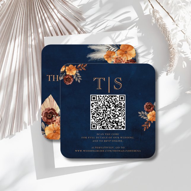 QR Code Hochzeitsstiftung UAWG Navy Blue Floral Mitteilungskarte (Von Creator hochgeladen)