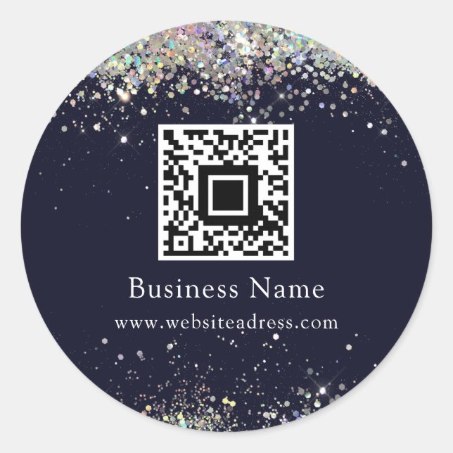 QR Code Holographic Glitter Business Blue Runder Aufkleber (Vorderseite)