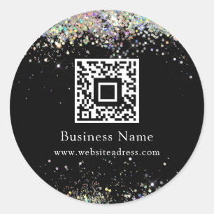 QR Code Holographic Glitzer Business Black Runder Aufkleber