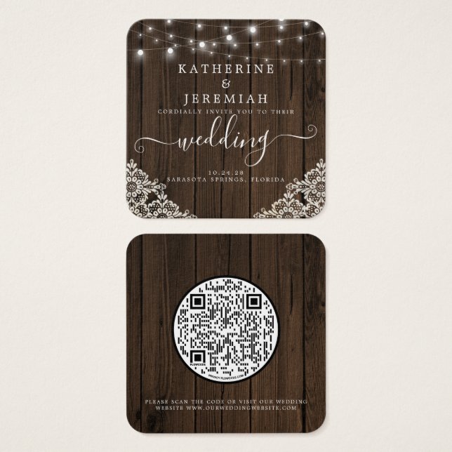 QR Code Holz Lights Hochzeit Einladung (Vorne & Hinten)