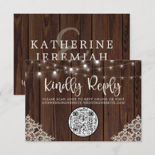 QR Code Holz String Lights Hochzeitung RSVP Karte