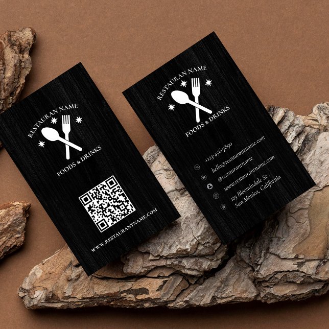 QR Code Holz Texturierte Restaurant Logo Rustikal Visitenkarte (QR Code Wood Textured Restaurant Logo Rustic Business Card)