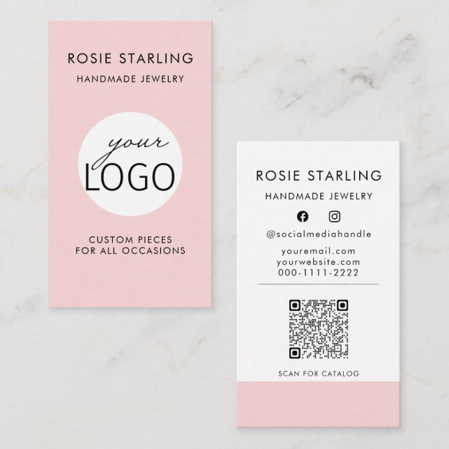 QR-Code Hübsch Rosa-Juwelierlogos-Tagline Vertikal Visitenkarte (Vorne/Hinten)