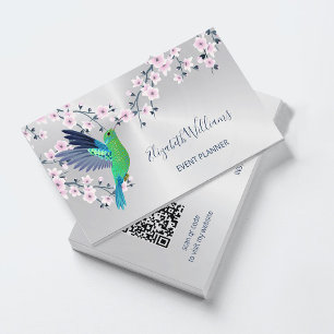 QR-Code Hummingbird Cherry Blossom Silver Visitenkarte