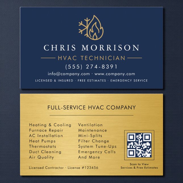 QR Code HVAC Technician Navy Blue Gold Visitenkarte (Von Creator hochgeladen)