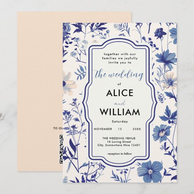 QR-Code Indigo Blue Wildblume Hochzeit Einladung (Vorne/Hinten)