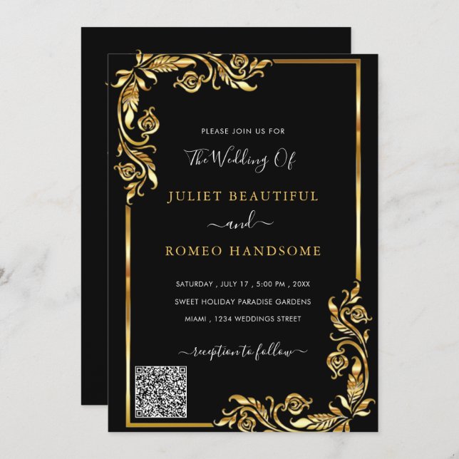 QR Code Info Black Gold Moderne Hochzeitseinladung (Vorne/Hinten)