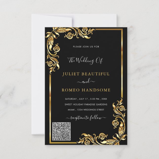 QR Code Info Black Gold Wedding Einladungskarte Einladung (Vorderseite)