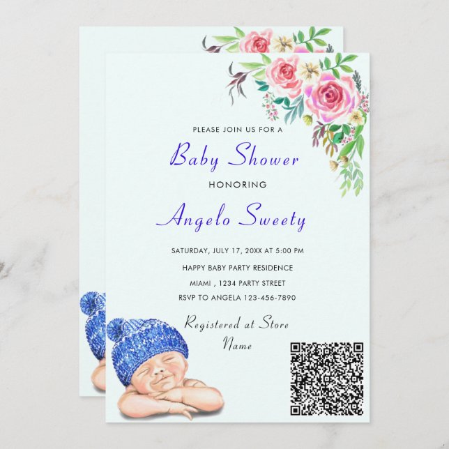 QR Code Info Happy Sleeping Baby Shower Einladung (Vorne/Hinten)