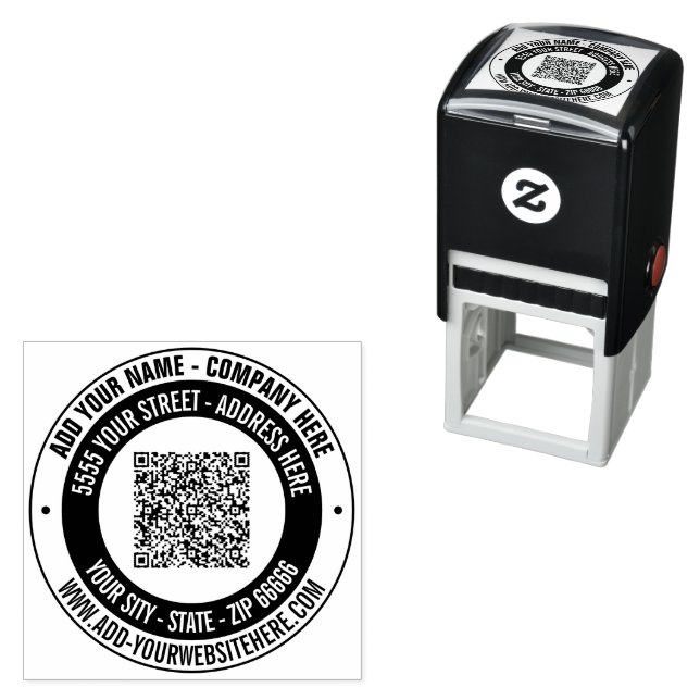 QR-Code-Info Textadresse Runde Briefmarke Permastempel (Beispiel)