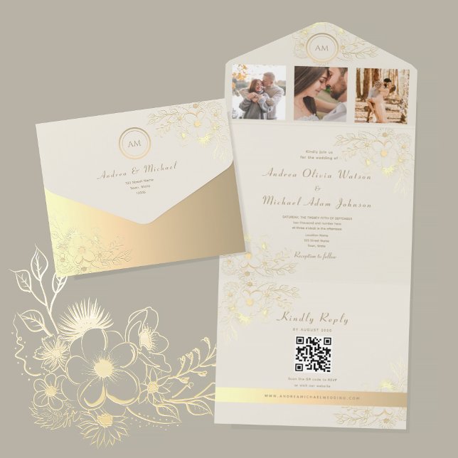 QR Code Ivory Gold Floral Wedding All In One Einladung (Von Creator hochgeladen)