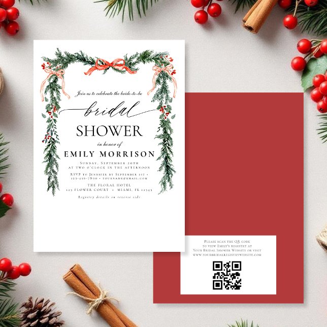 QR-Code-Kiefernschleife-Christmas-Brautjungfernpar Einladung (Von Creator hochgeladen)