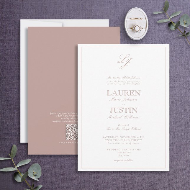 QR Code Klassische Dusty Rose Script Monogram Wedd Einladung (Von Creator hochgeladen)