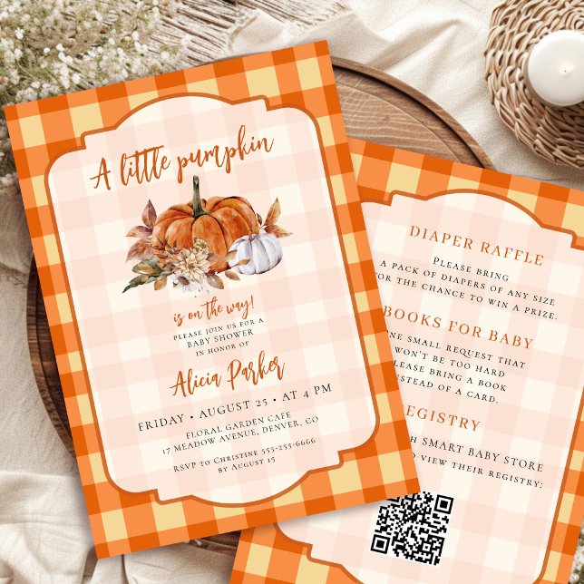 QR-Code kleiner Kürbis orange Gingham-Baby-Party Einladung (Von Creator hochgeladen)