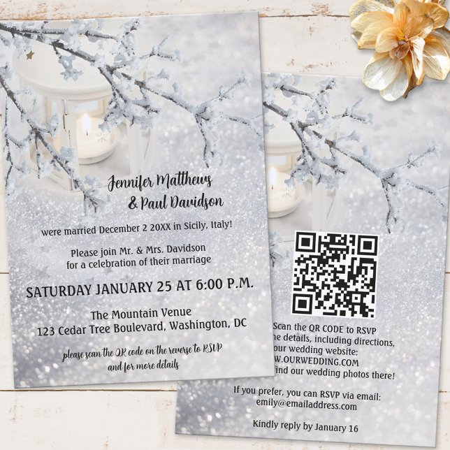 QR Code Lantern Snow Winter Wedding Empfang Einladung (Von Creator hochgeladen)
