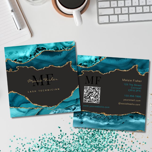QR Code Lashes Teal Turquoise Gold Agate Monogram Quadratische Visitenkarte (Von Creator hochgeladen)