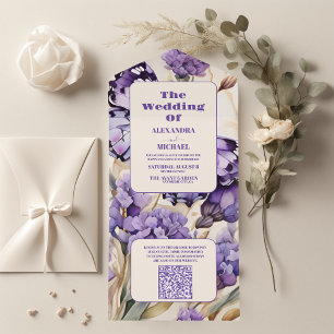 QR Code Lavender Lila florale Elegant Hochzeit All In One Einladung