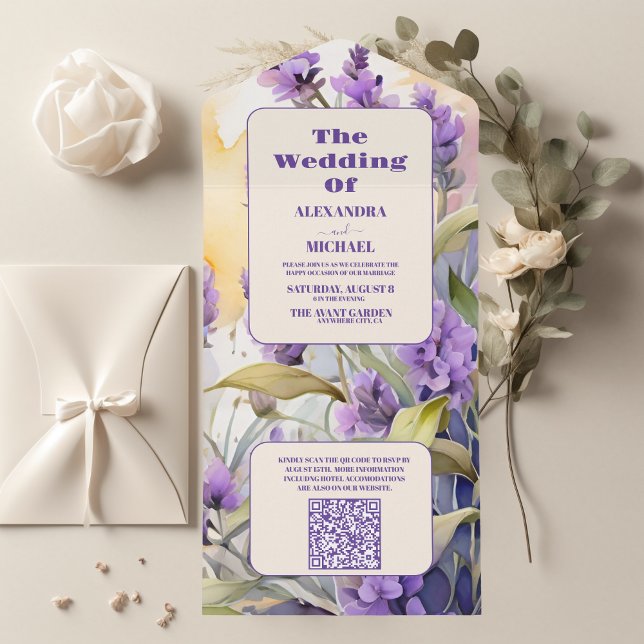 QR Code Lavender Lila florale Elegant Hochzeit All In One Einladung (Von Creator hochgeladen)