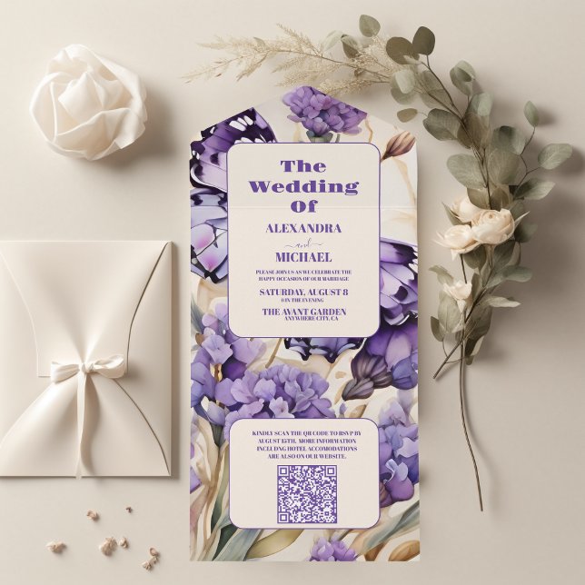 QR Code Lavender Lila florale Elegant Hochzeit All In One Einladung (Von Creator hochgeladen)