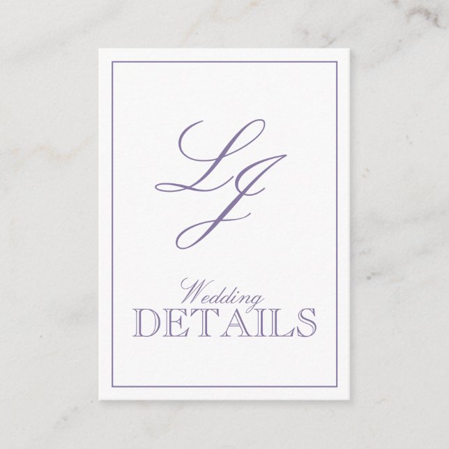 QR Code Lavender Script Monogram Wedding Details Begleitkarte (Vorderseite)