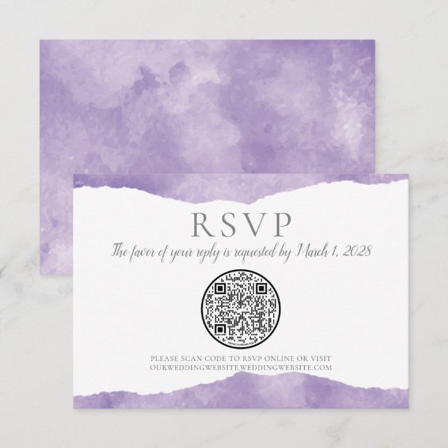 QR Code Lavender Watercolor Wedding RSVP Karte (Vorne/Hinten)