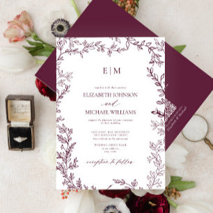 QR Code Leaf Burgundy Elegant Monogram Wedding Einladung